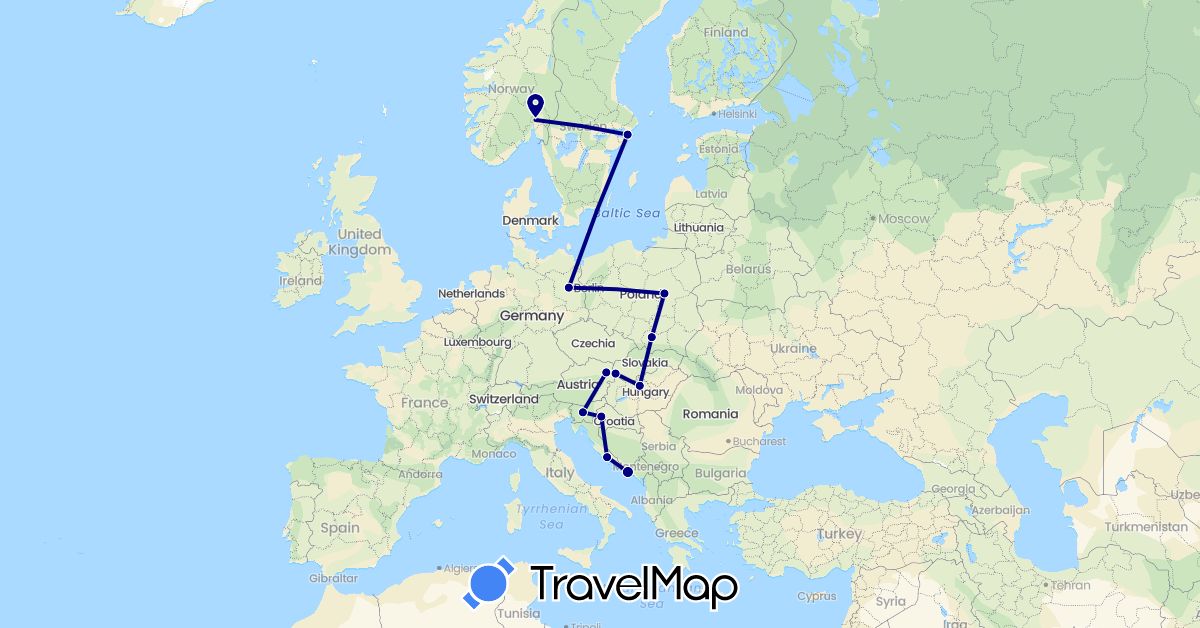 TravelMap itinerary: driving in Austria, Germany, Croatia, Hungary, Norway, Poland, Sweden, Slovenia, Slovakia (Europe)